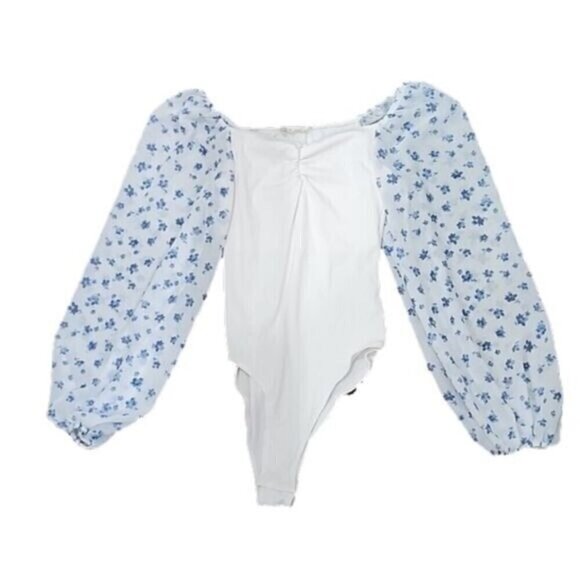 Altar'd State White Ribbed Bodysuit Sheer Floral Balloon Sleeves Women's XS - Picture 1 of 5